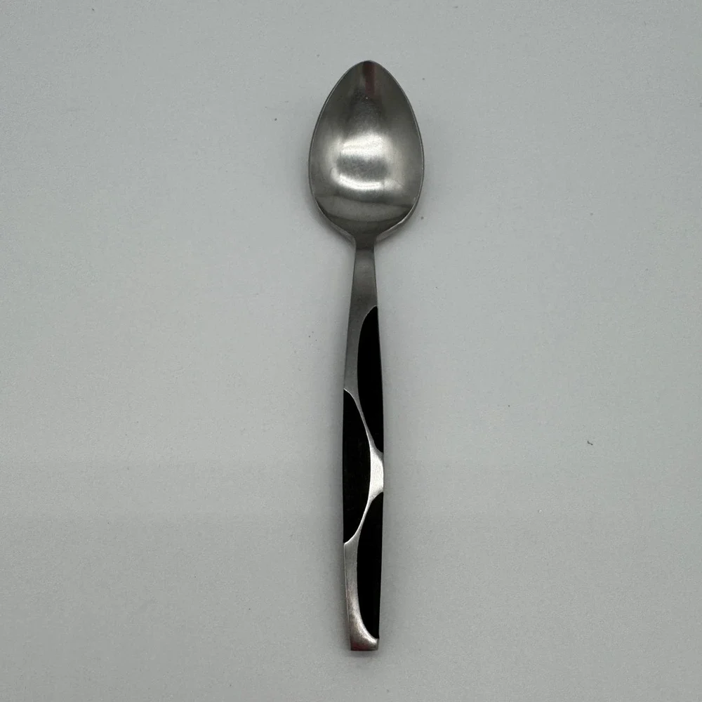 Vintage MCM Stainless Steel Teaspoon Black Leaf Accent 6